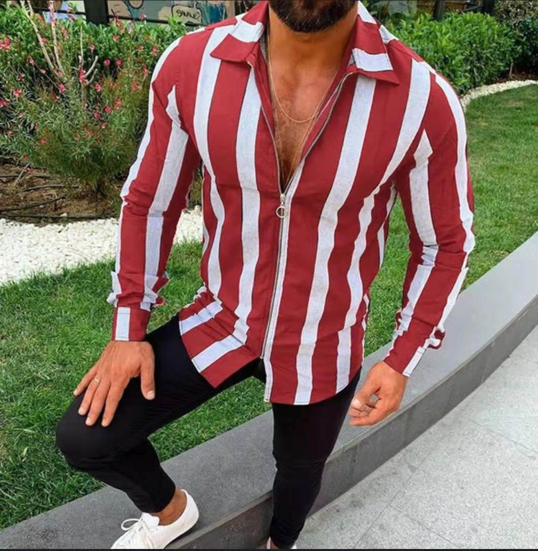 Fashionable Men's Zipper Sleeve Striped Shirt - Velora