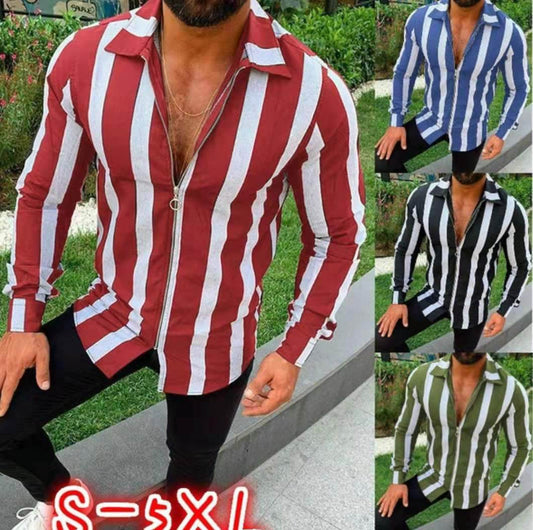 Fashionable Men's Zipper Sleeve Striped Shirt - Velora