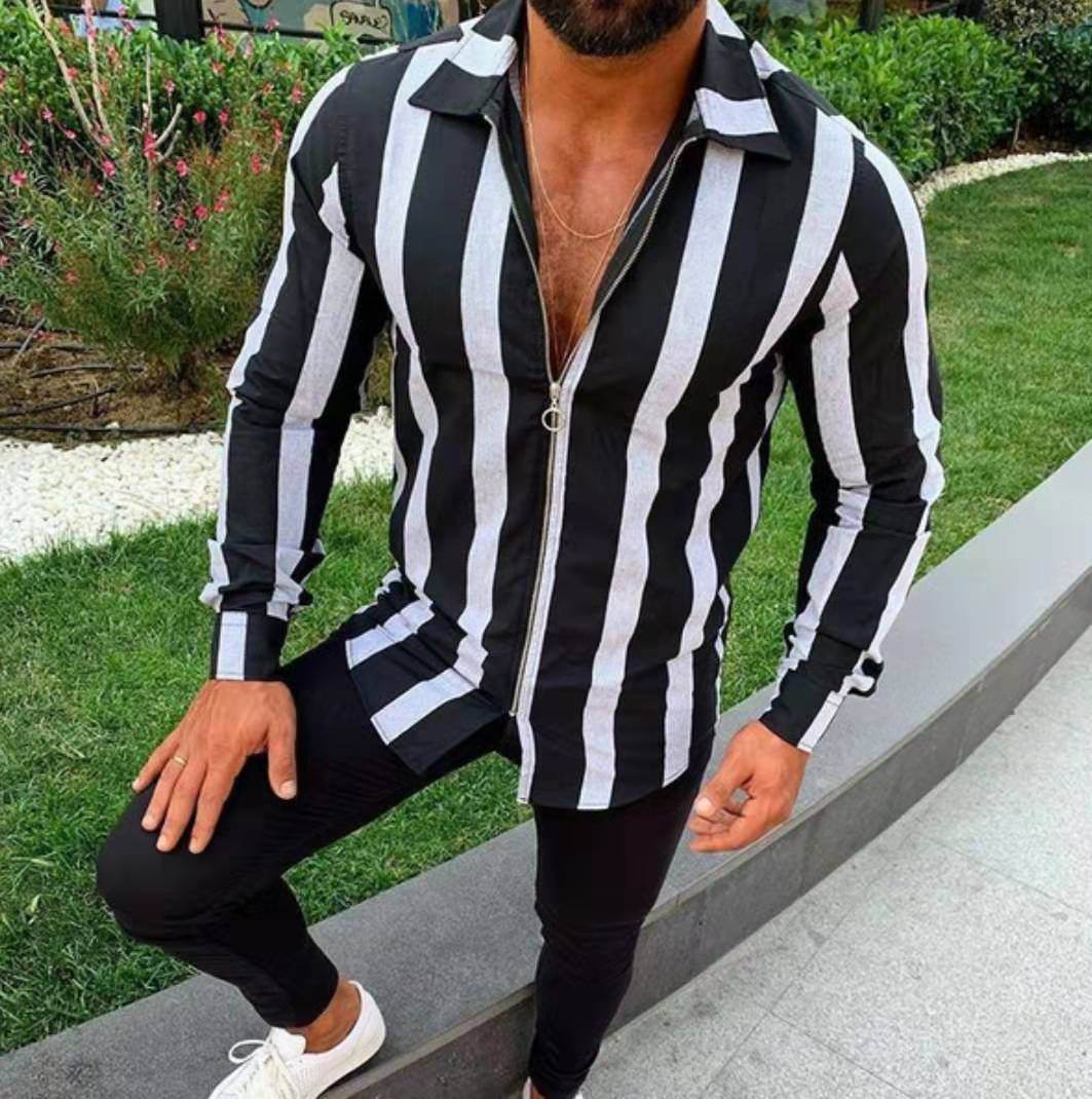 Fashionable Men's Zipper Sleeve Striped Shirt - Velora