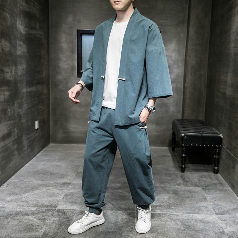 Chinese Style Linen Suit Men's Summer Three-Quarter Sleeves Robe Hanfu Loose Sun Protection Clothing Large Size Mens Sang Suit Cardigan - Velora