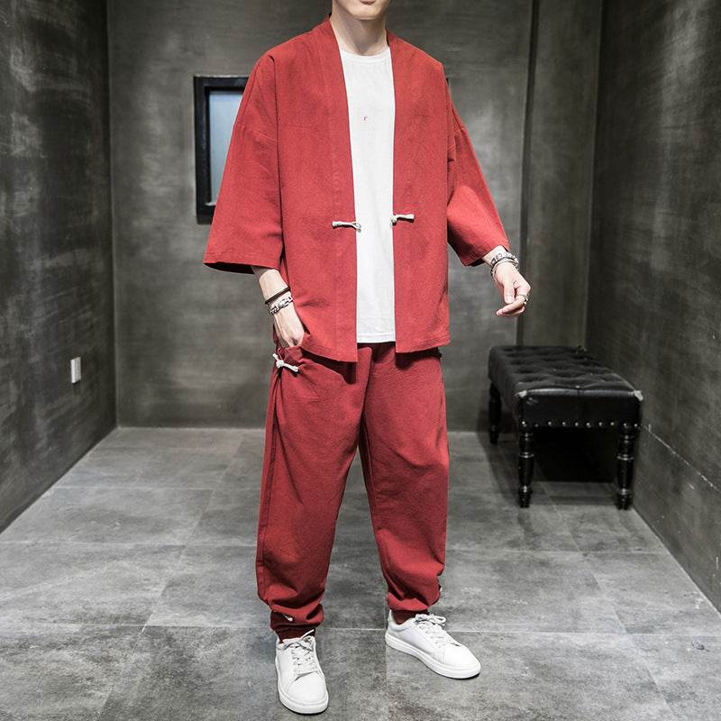 Chinese Style Linen Suit Men's Summer Three-Quarter Sleeves Robe Hanfu Loose Sun Protection Clothing Large Size Mens Sang Suit Cardigan - Velora