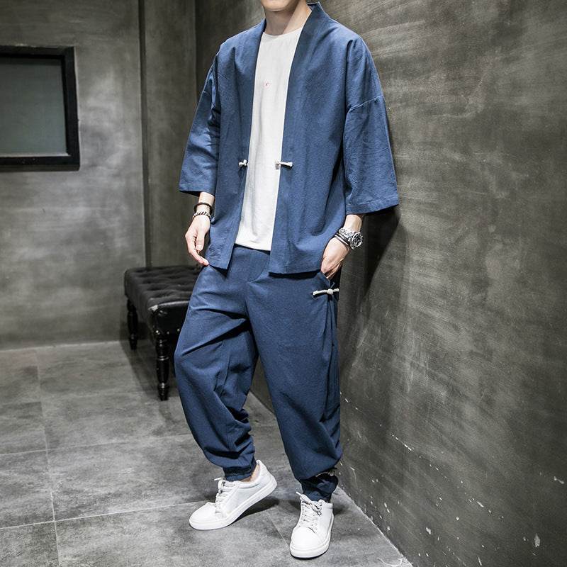 Chinese Style Linen Suit Men's Summer Three-Quarter Sleeves Robe Hanfu Loose Sun Protection Clothing Large Size Mens Sang Suit Cardigan - Velora