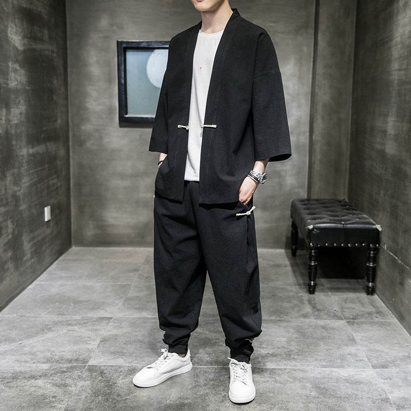 Chinese Style Linen Suit Men's Summer Three-Quarter Sleeves Robe Hanfu Loose Sun Protection Clothing Large Size Mens Sang Suit Cardigan - Velora