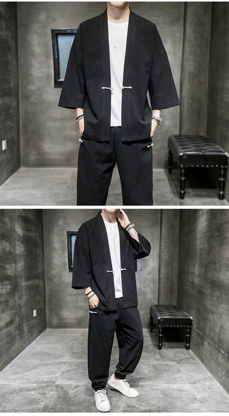 Chinese Style Linen Suit Men's Summer Three-Quarter Sleeves Robe Hanfu Loose Sun Protection Clothing Large Size Mens Sang Suit Cardigan - Velora