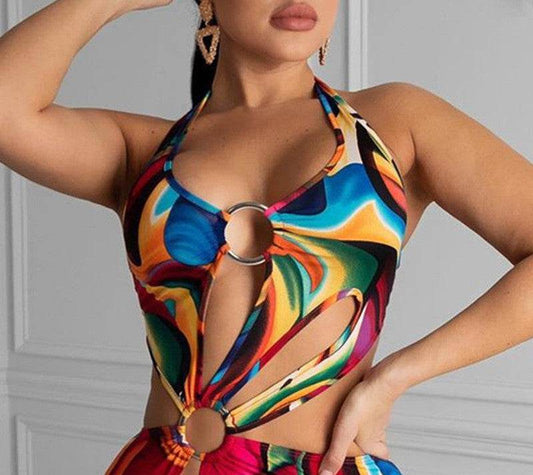 Adogirl Summer Hollow Out Halter Dress Sexy Backless Women Multicolor Evening Party Club Beach Wear Skinny Mini Dresses Vestido - Velora