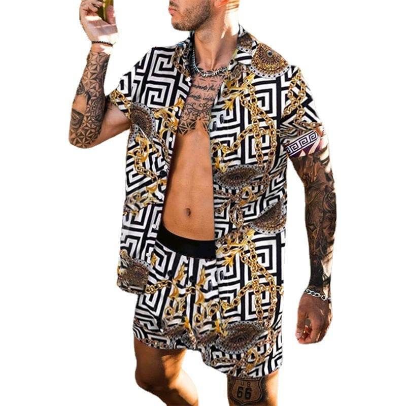 Summer Men Hawaiian Sets Printed Breathable Lapel Short Sleeve Shirtelastic Waist Beach Shorts Streetwear Casual Men Sets 2 Piec - Velora