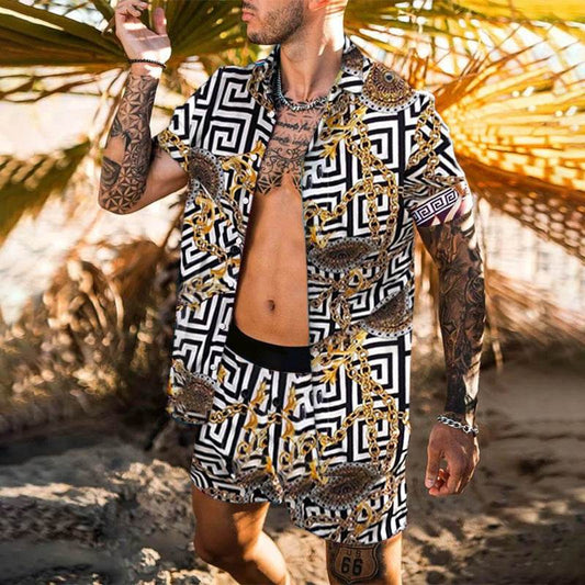 Summer Men Hawaiian Sets Printed Breathable Lapel Short Sleeve Shirtelastic Waist Beach Shorts Streetwear Casual Men Sets 2 Piec - Velora
