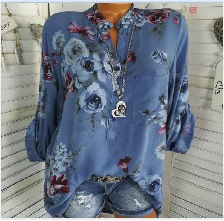5XL Plus Size Summer Tops Women Blouses Long Sleeve Print Stand Collar Button Blouse Pullover Womens Clothing Blusa - Velora