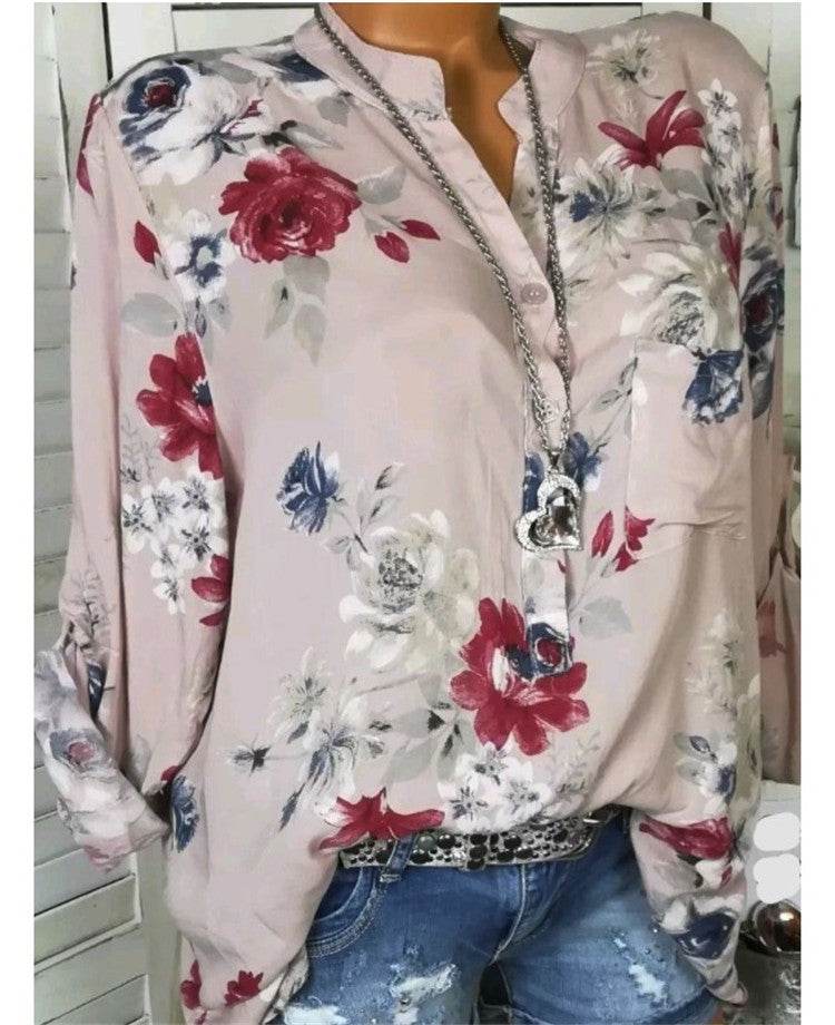 5XL Plus Size Summer Tops Women Blouses Long Sleeve Print Stand Collar Button Blouse Pullover Womens Clothing Blusa - Velora