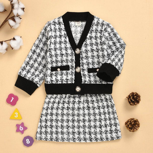 Black long-sleeved temperament two-piece suit skirt plaid children's clothing - Velora