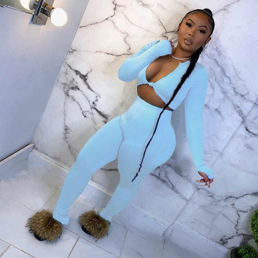 FQLWL Casual Summer 2 Two Piece Set Women Pink Outfit Long Sleeve Crop Top Leggings Women Joggers Matching Sets Ladies Tracksuit - Velora