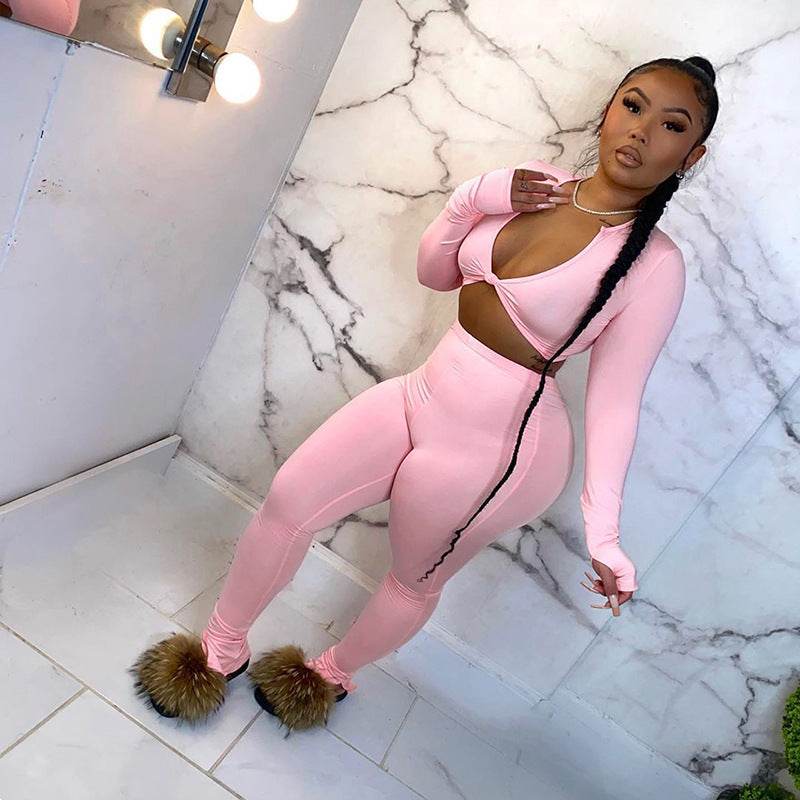 FQLWL Casual Summer 2 Two Piece Set Women Pink Outfit Long Sleeve Crop Top Leggings Women Joggers Matching Sets Ladies Tracksuit - Velora