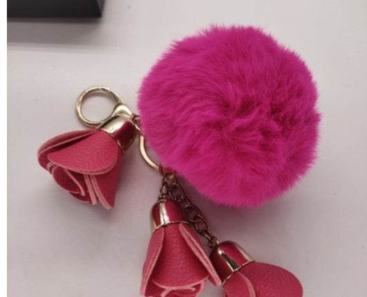 Cute Pompom Ball PU Rose Key Chains Handmade Fur Keyring Bags Decoration Pendant Keychains Jewelry Ornaments Kids Birthday Gifts - Velora