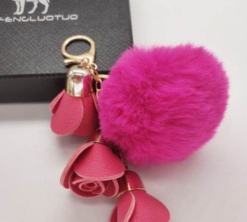 Cute Pompom Ball PU Rose Key Chains Handmade Fur Keyring Bags Decoration Pendant Keychains Jewelry Ornaments Kids Birthday Gifts - Velora