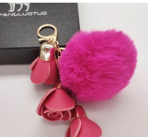 Cute Pompom Ball PU Rose Key Chains Handmade Fur Keyring Bags Decoration Pendant Keychains Jewelry Ornaments Kids Birthday Gifts - Velora