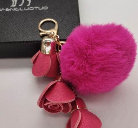 Cute Pompom Ball PU Rose Key Chains Handmade Fur Keyring Bags Decoration Pendant Keychains Jewelry Ornaments Kids Birthday Gifts - Velora