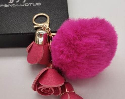 Cute Pompom Ball PU Rose Key Chains Handmade Fur Keyring Bags Decoration Pendant Keychains Jewelry Ornaments Kids Birthday Gifts - Velora