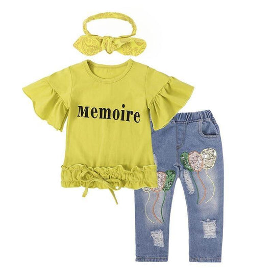 Girls Clothing Cotton Yellow Letter T-Shirt Jeans Suit - Velora