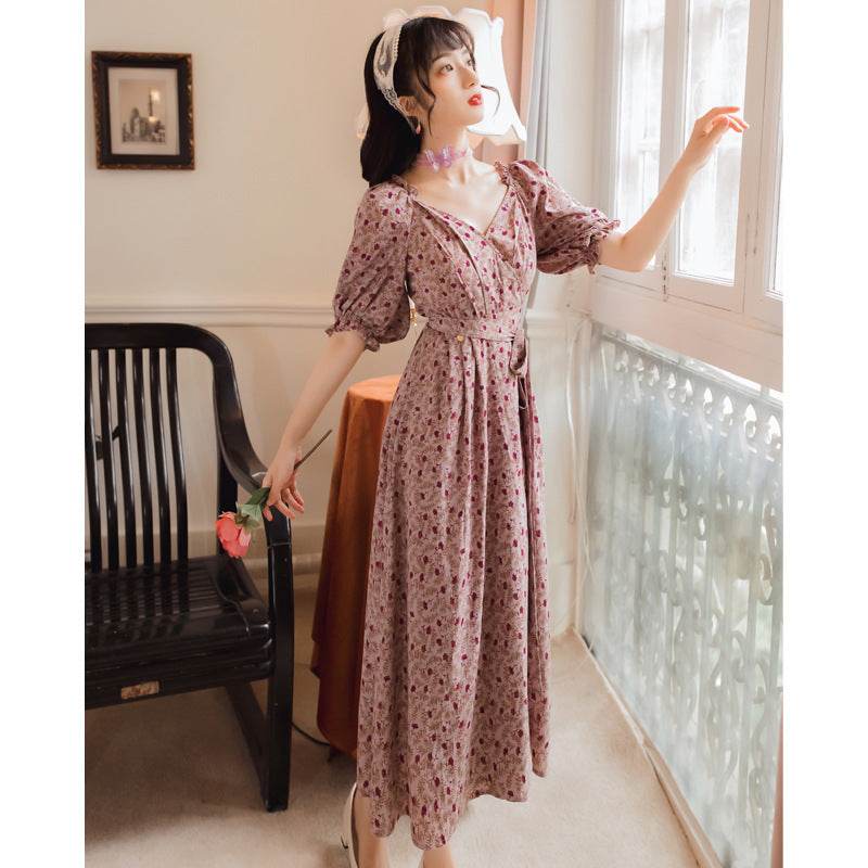 Retro Long Skirt New Style French Elegant V-neck Printed One-Oiece Wrap Skirt Purple Dress Female - Velora