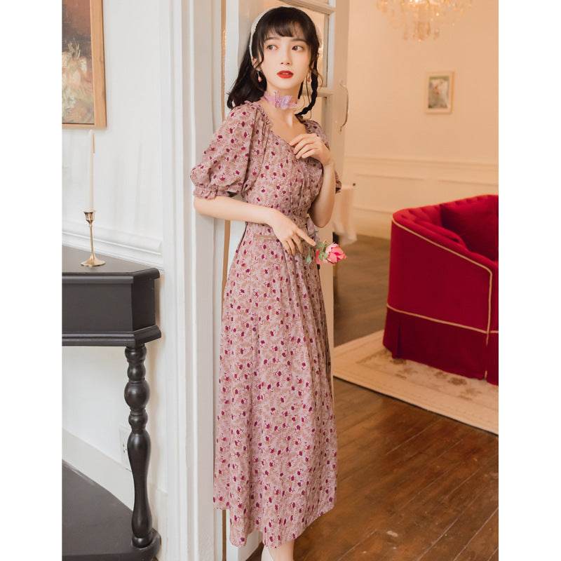 Retro Long Skirt New Style French Elegant V-neck Printed One-Oiece Wrap Skirt Purple Dress Female - Velora