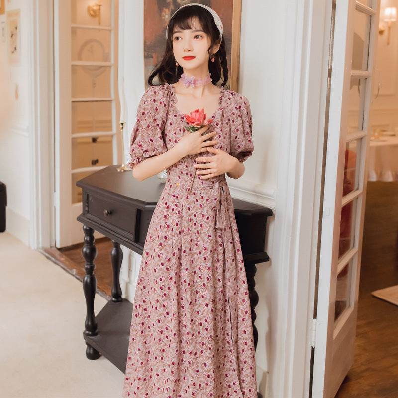 Retro Long Skirt New Style French Elegant V-neck Printed One-Oiece Wrap Skirt Purple Dress Female - Velora