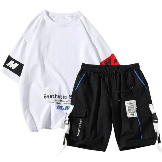 Summer Men's Sets Track Suit Mens Casual Loose Short-sleeved T-shirt Shorts 2-piece Sets Cotton Print Large Size - Velora