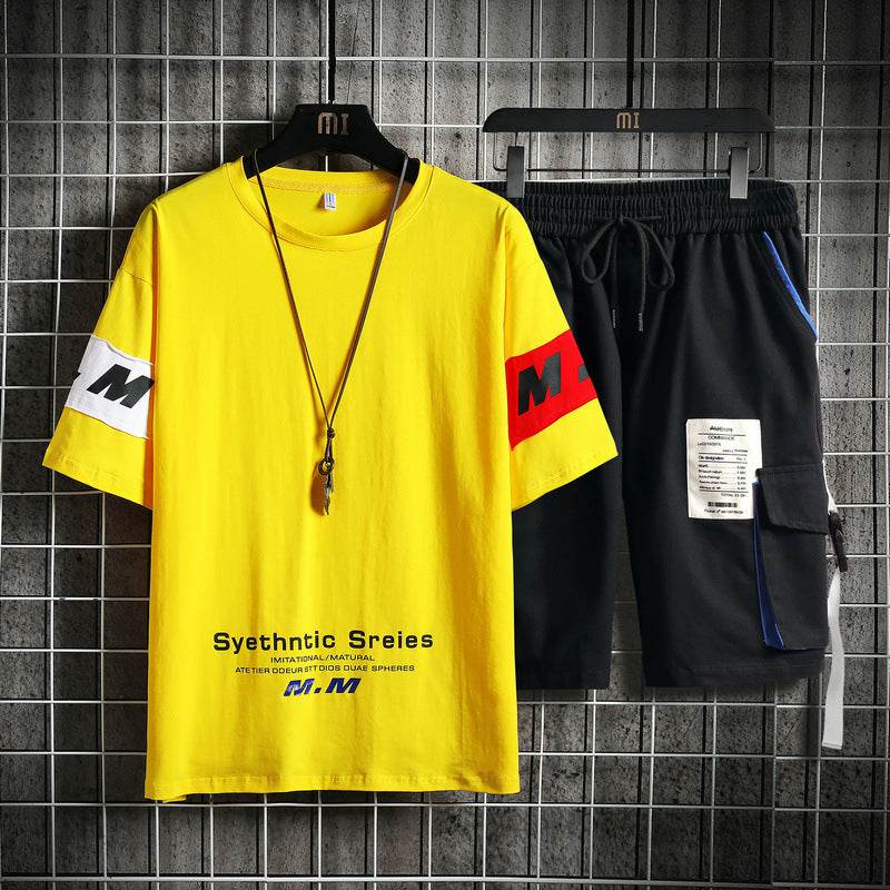 Summer Men's Sets Track Suit Mens Casual Loose Short-sleeved T-shirt Shorts 2-piece Sets Cotton Print Large Size - Velora