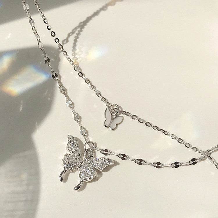 Fashion Jewelry Elegant Silver Color Shiny Butterfly Necklaces Ladies Exquisite Double Layer Clavicle Chain Necklace Jewelry Gift - Velora