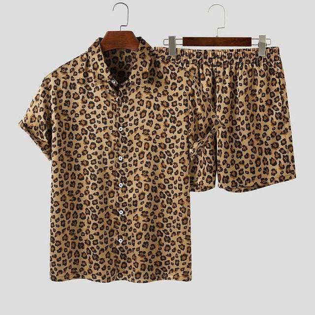 Summer Wear Men Sets Leopard Printed Lapel Short Sleeve - Velora