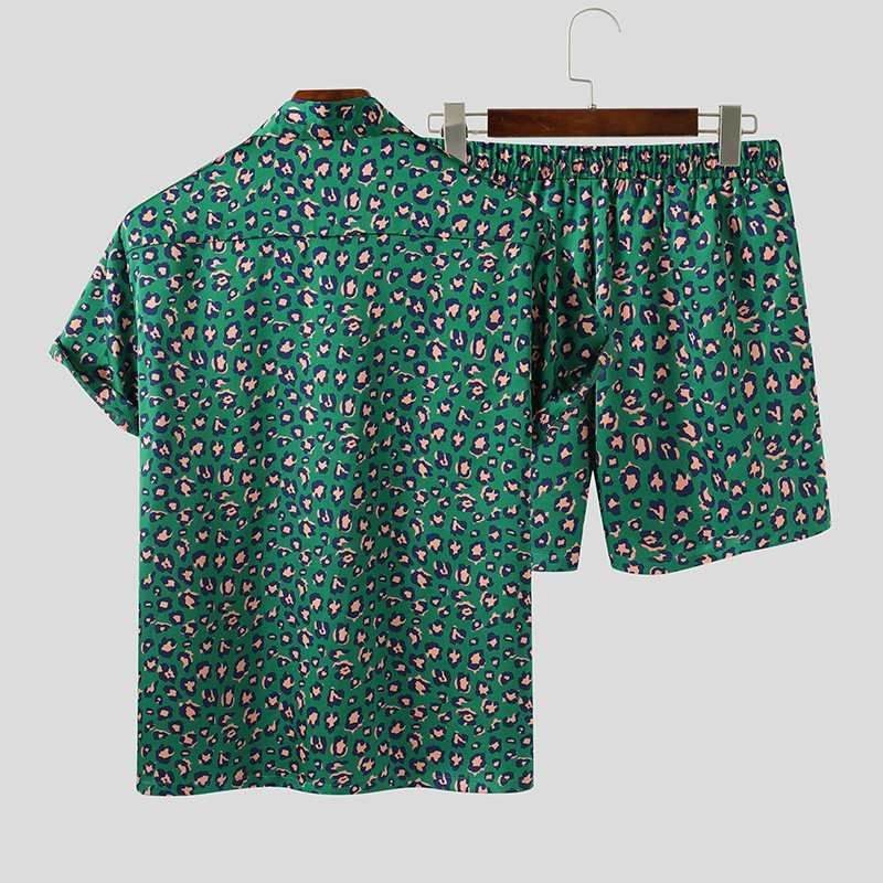 Summer Wear Men Sets Leopard Printed Lapel Short Sleeve - Velora