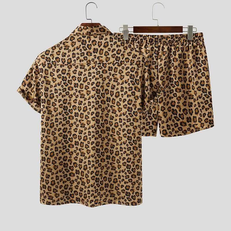 Summer Wear Men Sets Leopard Printed Lapel Short Sleeve - Velora