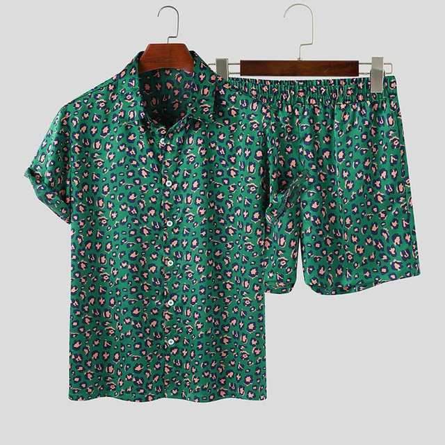 Summer Wear Men Sets Leopard Printed Lapel Short Sleeve - Velora