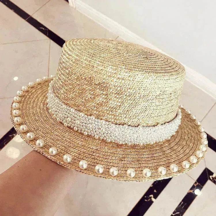 Elegant Retro Pearl Wheat Straw Flat Top Straw Hat Women's Summer Sun Protection Beach Hat Hepburn Style - Velora