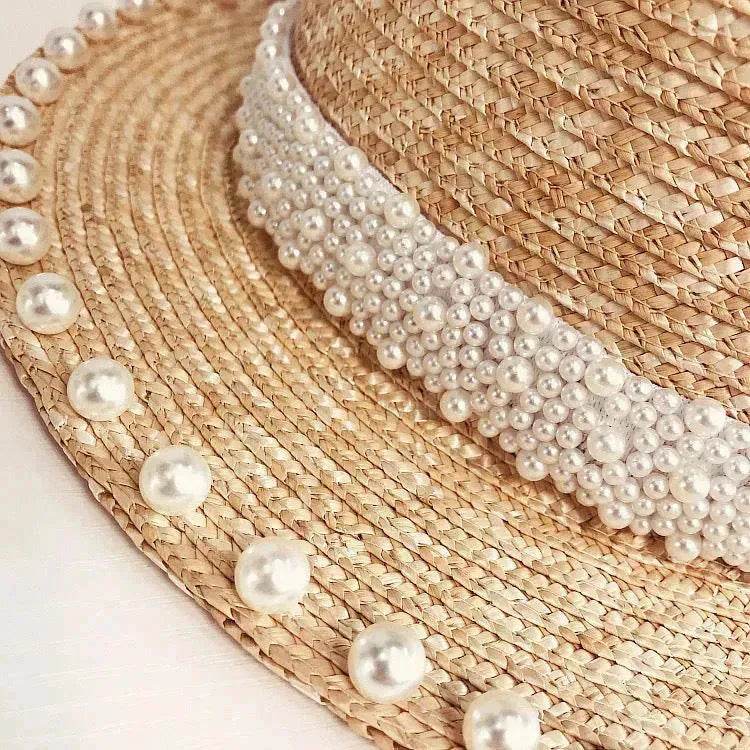 Elegant Retro Pearl Wheat Straw Flat Top Straw Hat Women's Summer Sun Protection Beach Hat Hepburn Style - Velora