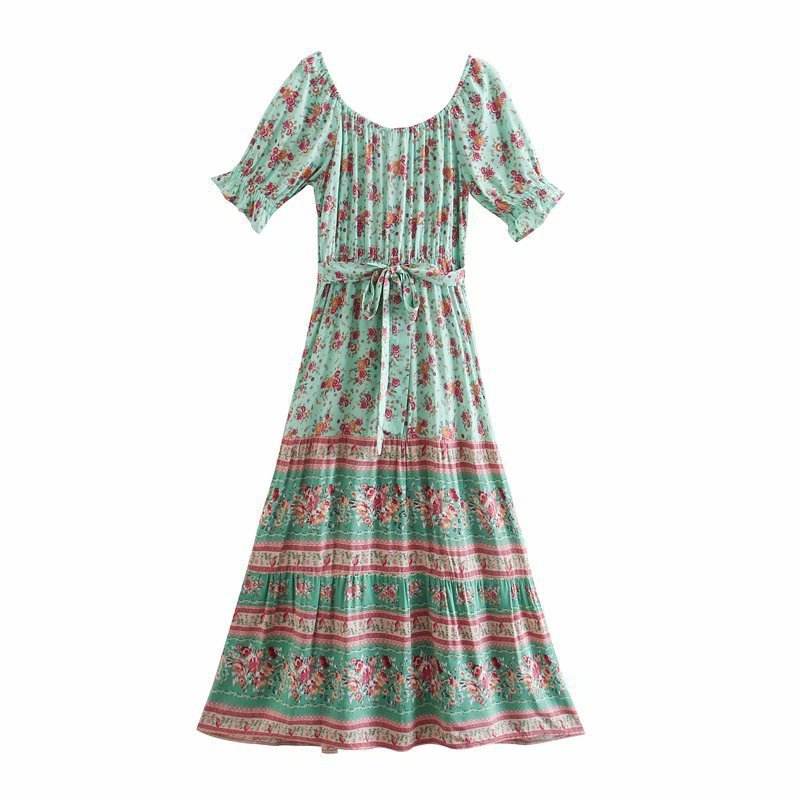 Aachoae Women Elegant A Line Long Maxi Dress With Belt Summer Floral Print Beach Dress Ruffle Short Sleeve Bow Tie Chic Dresses - Velora