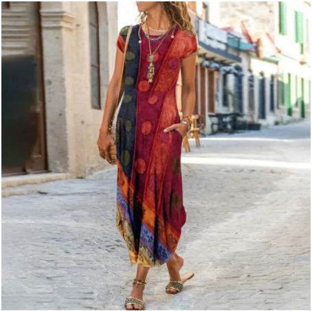 Round Neck Pocket Short Sleeve Trendy Printed Dress - Velora