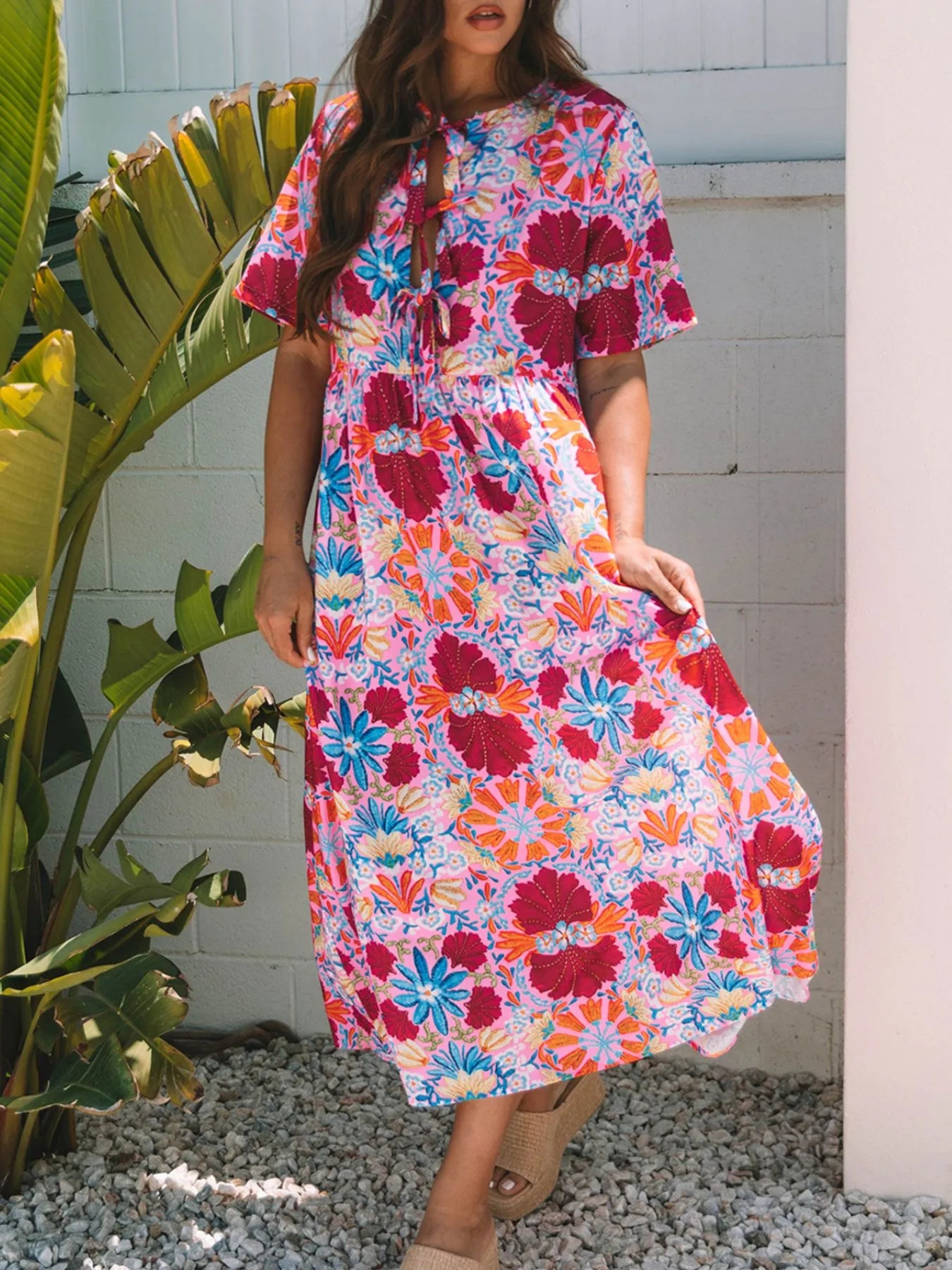 Floral Print Tie Front Midi Dress - Velora