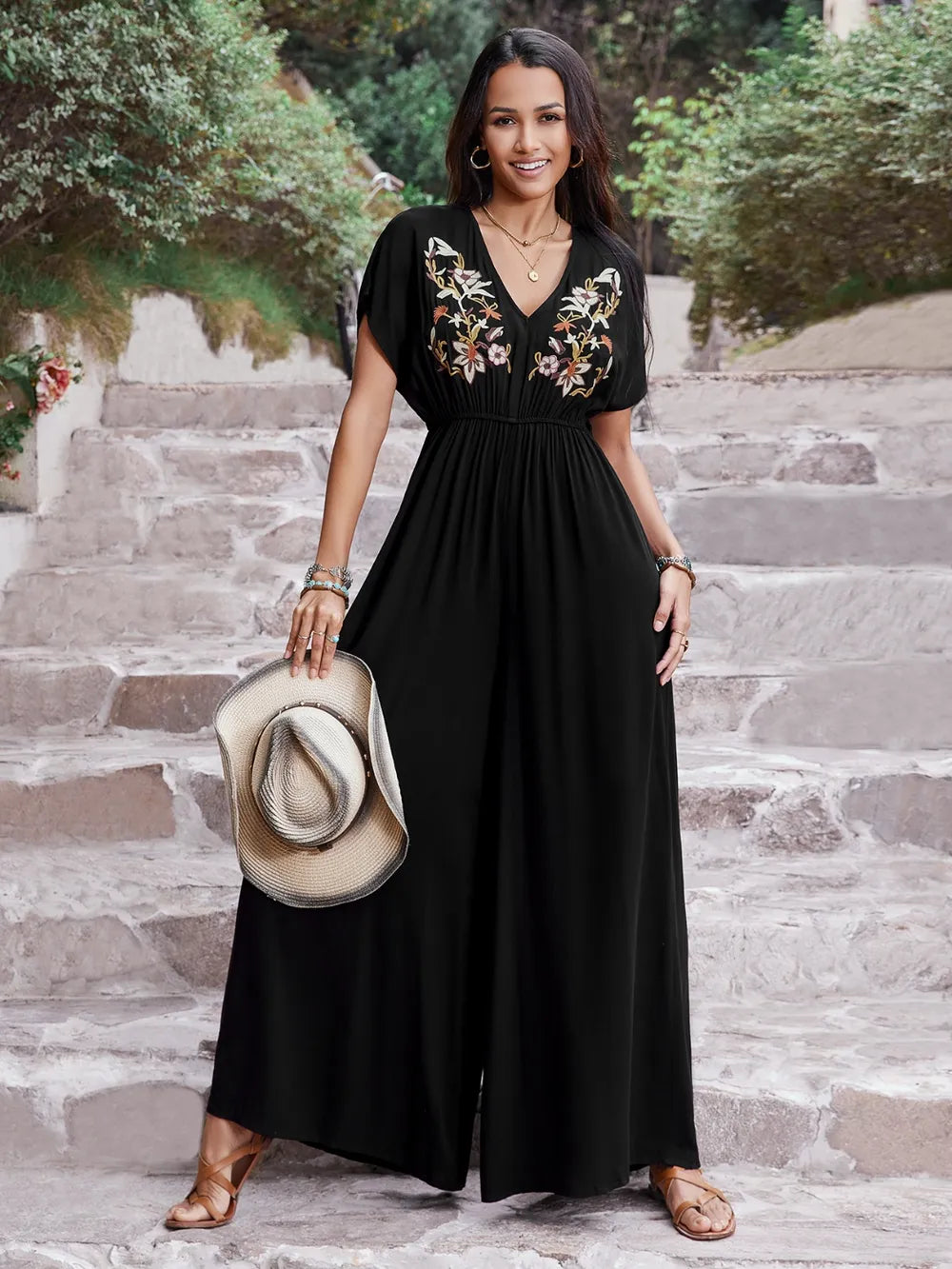 Embroidered Ruched Short Sleeve Jumpsuit - Velora