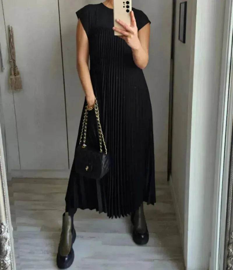 Women Summer Pleated Maxi Dress Casual Short Sleeve Crewneck Flowy Swing Long Dress with Pockets - Velora