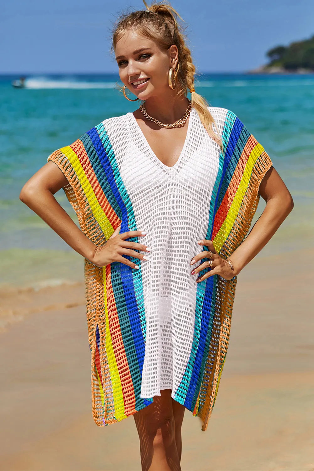 Angel Wings Openwork Striped Slit Knit Cover Up - Velora