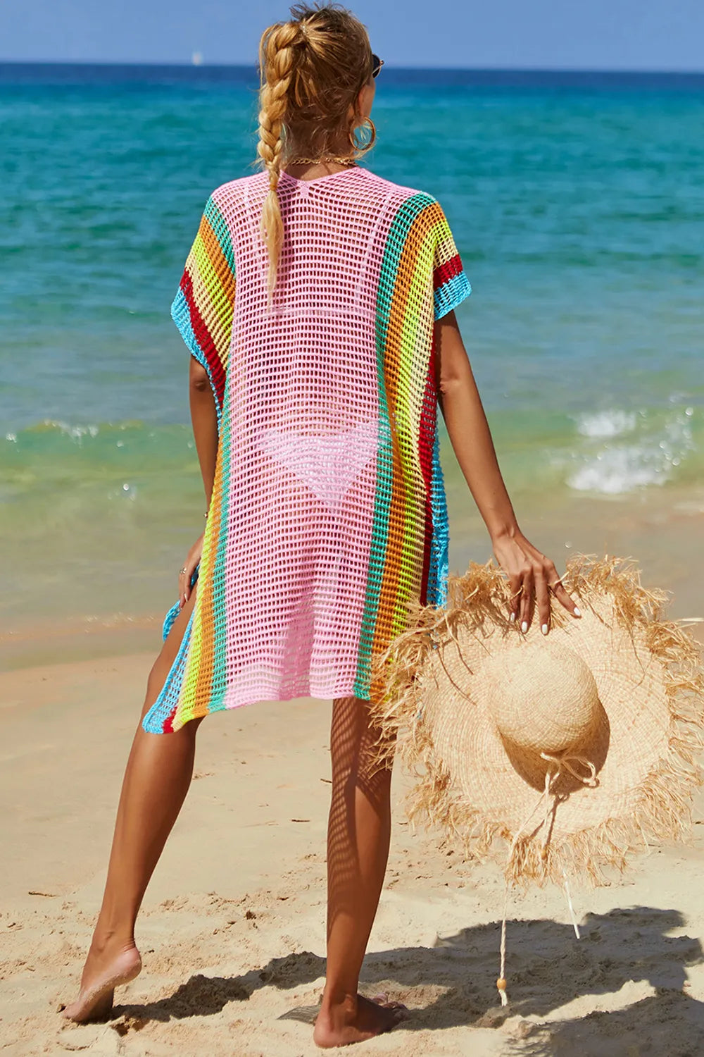Angel Wings Openwork Striped Slit Knit Cover Up - Velora