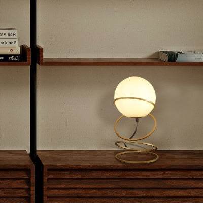 13.5 H Glass Globe Matte Gold Spiral 4 Ring Metal Stand Table Lamp For Living Room, Nightstand Bedside Table Lamp For Bedroom, LED Lamp - Velora
