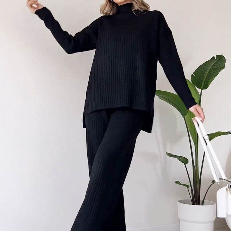 Turtleneck Knitted Suit Loose Split Design Long-sleeved Top And Straight Trousers Fashion Casual Solid Set Women's Clothing - Velora