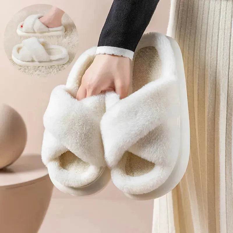 Women's Platform Fuzzy Home Slippers Winter Open Toe Criss-cross Solid Color Casual Floor Slides Indoor Flat Comfy House Shoes - Velora