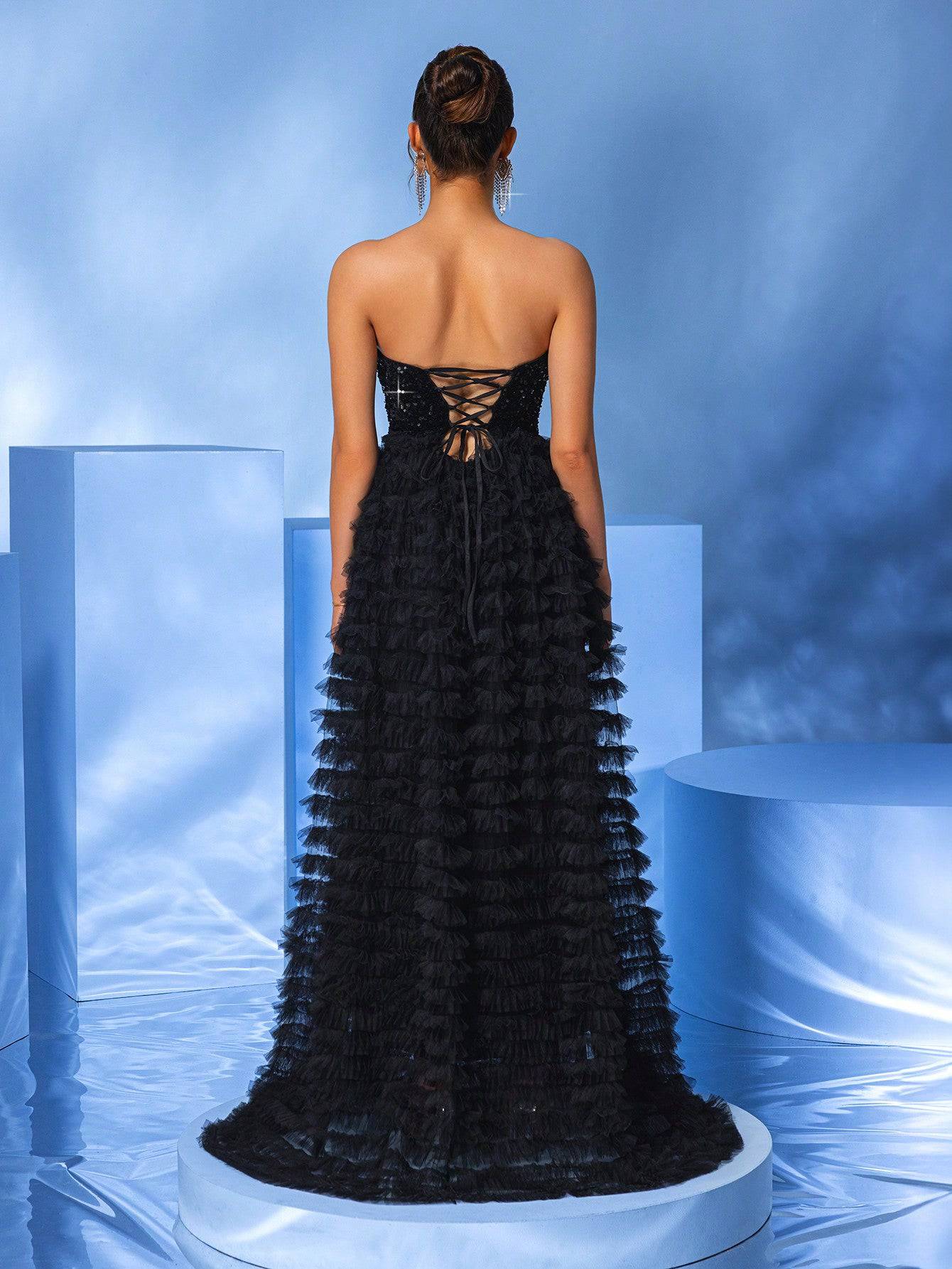 Strapless Black Sequin Ball Gown with Layered Tulle Ruffle Skirt – Luxe Prom & Gala Dress