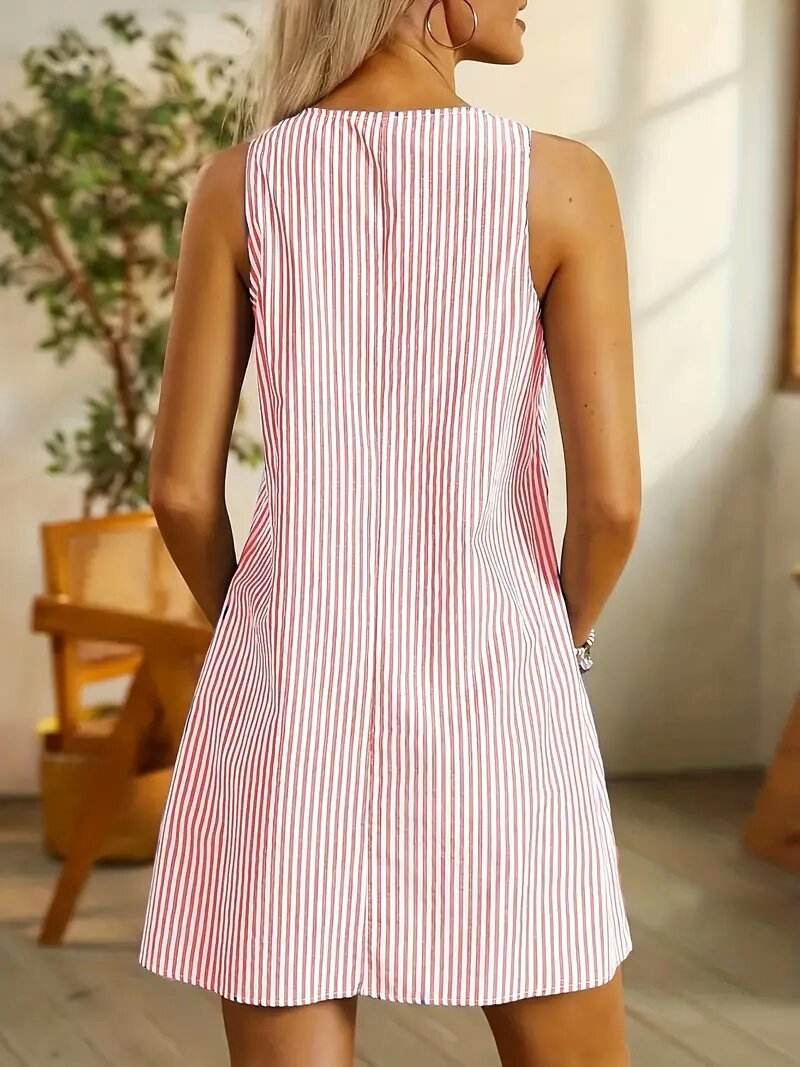 Summer Fashion Striped Patchwork Commuting U-Neck Sleeveless Pockets Back Button Casual Straight Slimming Mini Dress For Women - Velora