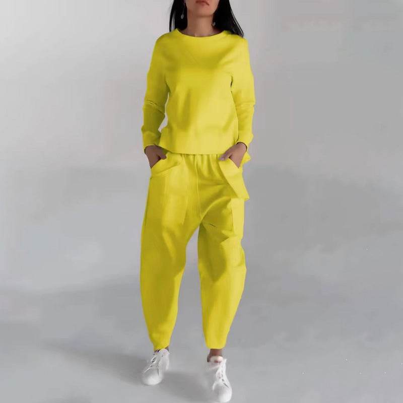 Solid Color Fashion Sweatshirt Long Sleeve Back Slit Top With Pockets Loose Trousers Women's Clothing - Velora