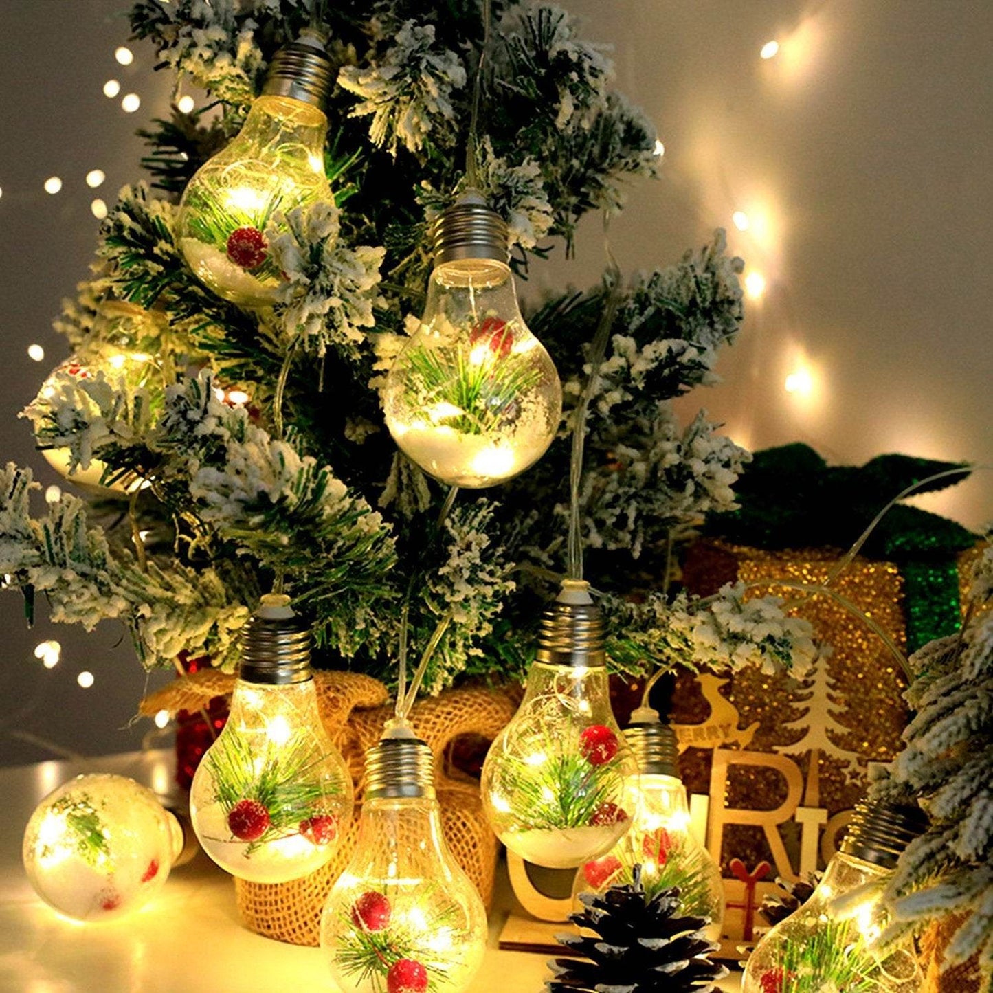 1Pc 13.78FT Christmas Snow Globe String Light Battery Powered 10 LED Bulbs Indoor Christmas Lights With Pine Needles Snowflakes Berries - Velora
