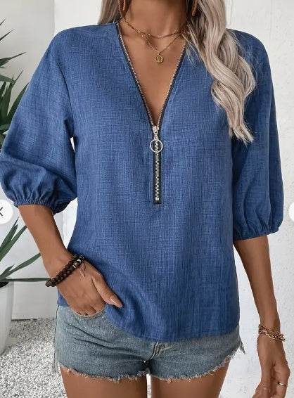 Elegant Deep V-Neck Zip-Up Blouse For Women - Chic Spring Fall Fashion, Machine Washable, Design, Sleeve - Velora