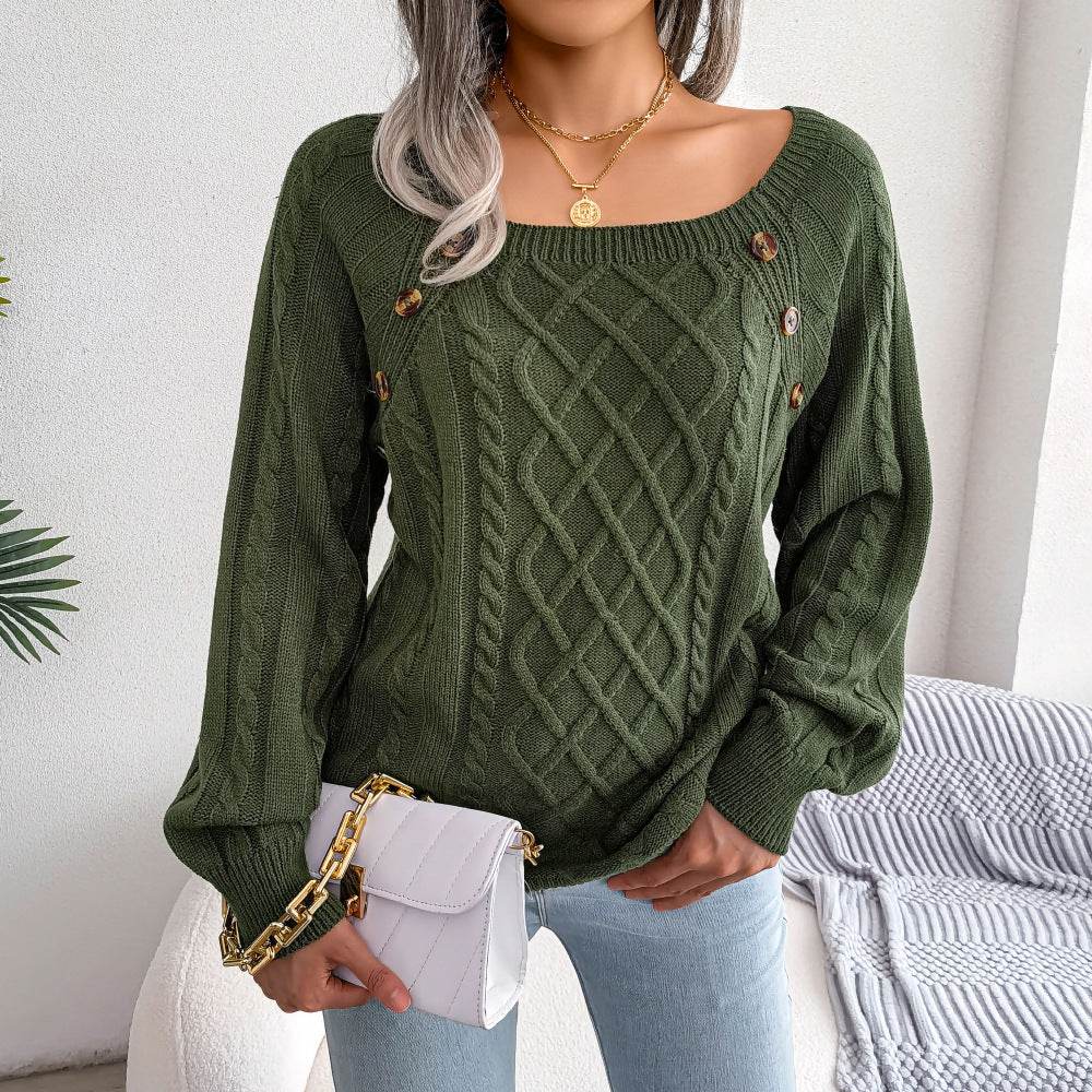 Square Neck Knitted Sweater With Button Design Winter Warm Long Sleeve Tops Women's Clothing - Velora